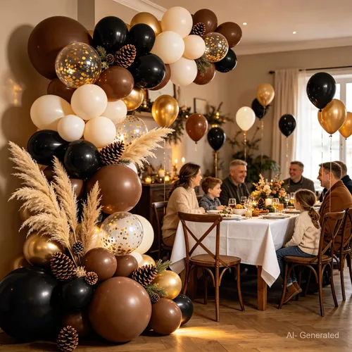 Miniatura 7 de Kit de arco de globos marrones y negros, globos de color blanco arena, dorado, negro, marrón, marrón, beige, dorado, con guirnalda de globos