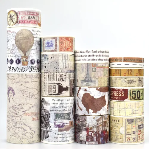 Juego de 18 rollos de cinta washi, calcomanías de viaje, boletos de viaje mundial, mapa de matasellos, vistas a la calle, calcomanías vintage IDY