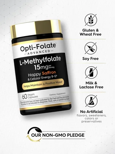 Miniatura 5 de Carlyle L Metilfolato de 15 mg 60 cápsulas con metilo B12 y azafrán Vegano, sin OMG, suplemento sin gluten por Opti-Folate