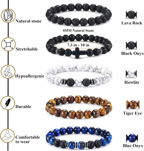Miniatura 3 de Jewdreamer 12 piezas de pulseras de cuentas para hombres, pulseras de 8 mm de ojo de tigre, pulsera de piedra natural, cuentas de cristal en cruz