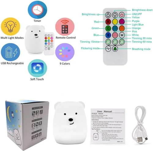 Miniatura 5 de Luz nocturna para niños, lámpara de noche para niños/adultos, luz multicolor con control remoto, resistente a la rotura, cuidado de los ojos