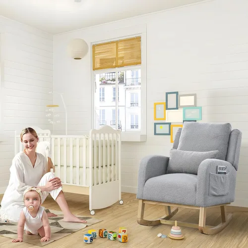 Miniatura 7 de Silla Mecedora Deslizante para Guardería, Silla Mecedora de Acento con Respaldo de Ala Tapizada de Respaldo Alto con Reposabrazos y Bolsillos