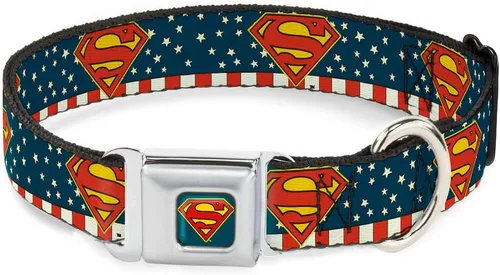Buckle-Down Collar de perro con hebilla de cinturón de seguridad, Superman Shield Americana Rojo/Blanco/Azul/Amarillo – 1 pulgada de ancho – Se