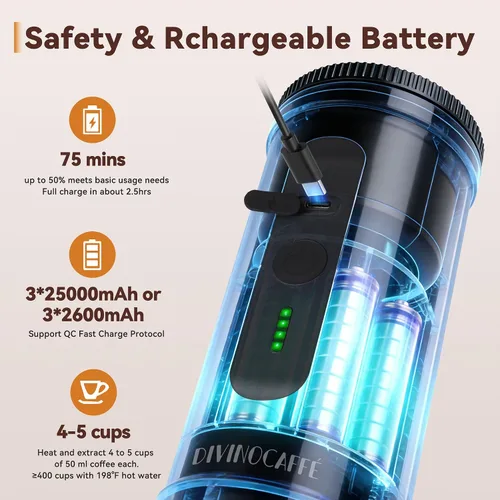Miniatura 4 de DIVINOCAFFÉ Cafetera portátil para café expreso, cafetera eléctrica con autocalentamiento para viajes y campamentos, máquina de café expreso de 20