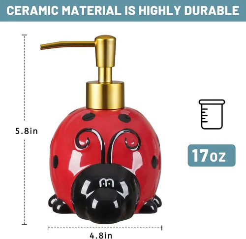 Miniatura 2 de RQYIXI Dispensador de jabón de cerámica de mariquita de 17 onzas con bomba de ABS, dispensador de jabón líquido recargable para loción, gel de baño