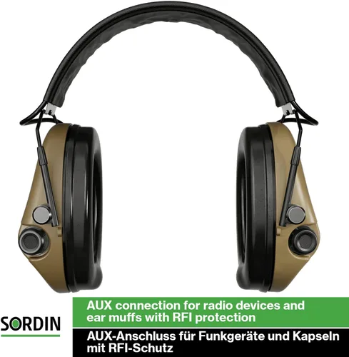 Miniatura 5 de Sordin MIL AUX Slim Ear Muffs - Active and Electronic Military Ear Defenders w/Leather Headband - Tactical Earmuffs Beige Bronceado