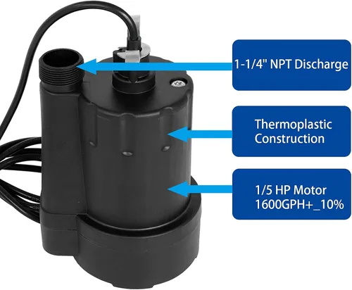 Miniatura 3 de Bomba sumergible de 1/5 HP Bomba sumergible termoplástica Bomba eléctrica de transferencia de agua con cable de 10 pies, color negro