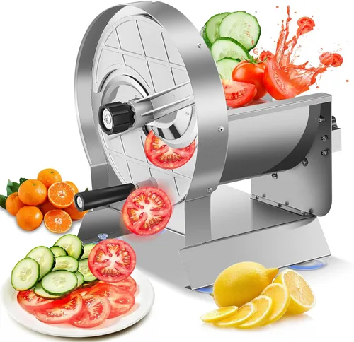Cortadora de tomate comercial, máquina cortadora manual de frutas 0-0.4"/0-10mm de grosor ajustable, máquina cortadora de verduras de acero