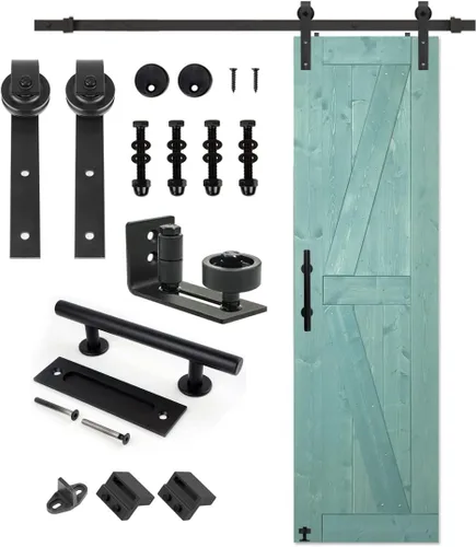 Miniatura 22 de S&Z TOPHAND 20 pulgadas x 84 pulgadas. Puerta de granero anudada británica sin terminar con kit de herrajes deslizantes de 4 pies/madera