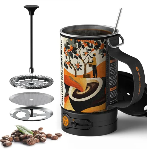 Cafetera Eléctrica de Prensa Francesa STOKE VOLTAICS, 120V Hierve Agua y Prensa Café 2-en-1, Diseño Portátil para Acampar, Viaje, Preparación de