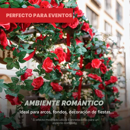 Miniatura 6 de Paquete de 2 guirnaldas de rosas artificiales de 16 pies – Rosa roja falsa de seda para arco de boda, decoración de pared del hogar, día de San Rojo