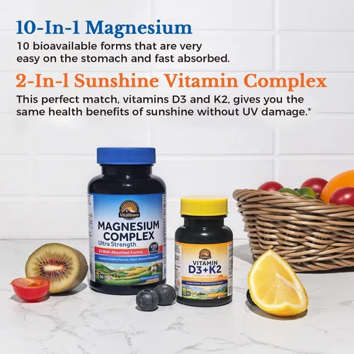 Miniatura 4 de Vitalitown Ultra Magnesio y Vitamina D3 K2 paquete (paquete de 2) Complejo de magnesio 10 en 1 y 10000 UI D3, MK-7 para dientes de músculo óseo