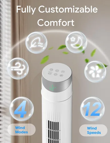 Miniatura 3 de ZAFRO Ventilador de torre inteligente para dormitorio, ventilador de torre oscilante de 120°, 28 pies/s de alta velocidad, 12 velocidades, 4 modos