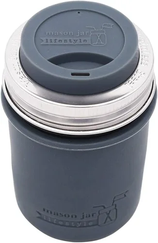 Miniatura 3 de Funda de silicona de boca ancha de 16 onzas con tapa de silicona a juego y banda de acero inoxidable para tarros Mason (gris carbón)