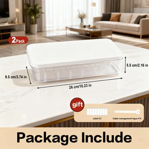 Miniatura 3 de Caja organizadora de cables con 7 bridas para cables, paquete de 2 cajas de almacenamiento de gestión de cables de escritorio con tapa, 7