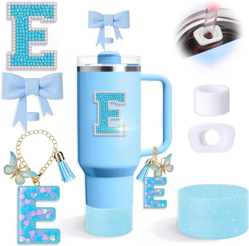Miniatura 11 de Juego de 6 accesorios de copa Stanley color azul, adorno de pajilla con lazo para copa Stanley de 30 onzas, 40 onzas, incluye adorno de popote