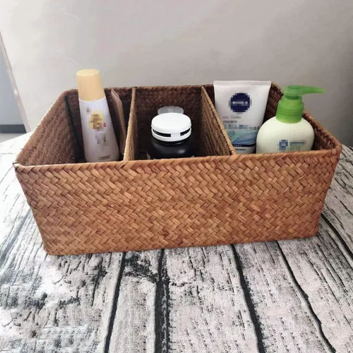 Miniatura 2 de Cesta tejida a mano de algas marinas Caja de almacenamiento tejida de 3 compartimentos para decoración de escritorio para el hogar, baño, oficina