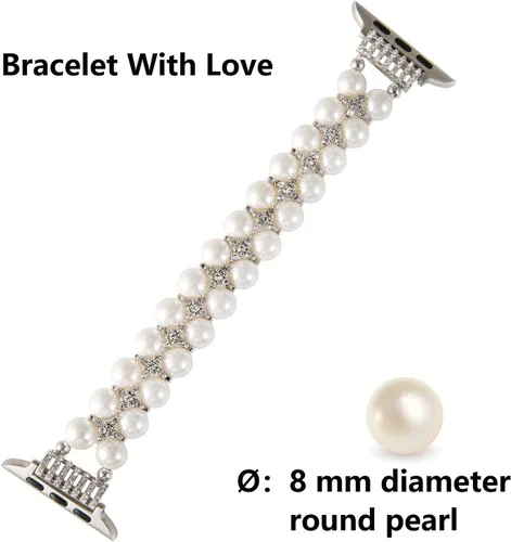 Miniatura 4 de Pulsera de perlas compatible con Apple Watch de 38/40/41 mm 42/44/49 mm iWatch Series 9/8/7/6/5/4/3/2/1, correa de repuesto de joyería de diamantes