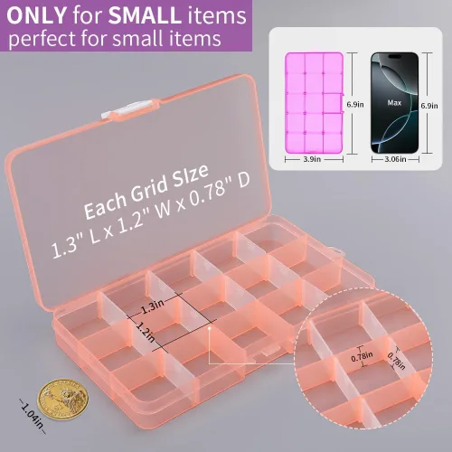 Miniatura 3 de Opret Organizador de 15 cuentas (4 unidades), caja organizadora de aretes, pequeños recipientes de plástico con divisores ajustables