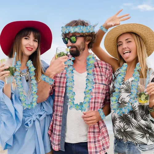 Miniatura 4 de 48 piezas de Leis hawaianos gruesos a granel, revelación de género Leis Blue Jumbo 12 diademas 24 pulseras, 12 collares florales para fiesta Luau