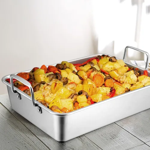 Miniatura 7 de LIANYU Sartén para asar pavo de 14 pulgadas, con 2 estantes, de acero inoxidable resistente, para lasaña profunda, para pavo, pollo, lavavajillas