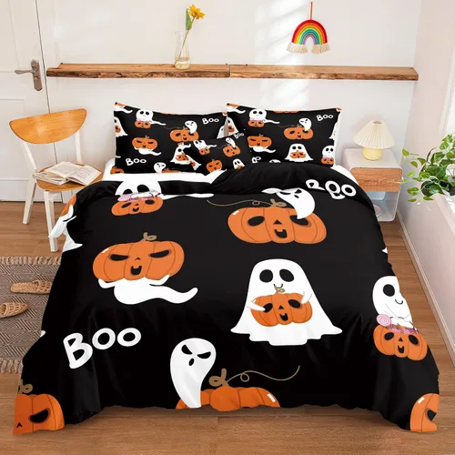 Miniatura 49 de Juego de funda de edredón de calabaza para Halloween, divertido diseño de calabaza malvada, color negro, juego de ropa de cama Tiwn 1 funda