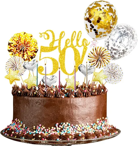 Hello50 - Decoración de cumpleaños para tartas doradas, para hombres y mujeres, decoración de pastel de cumpleaños número 50