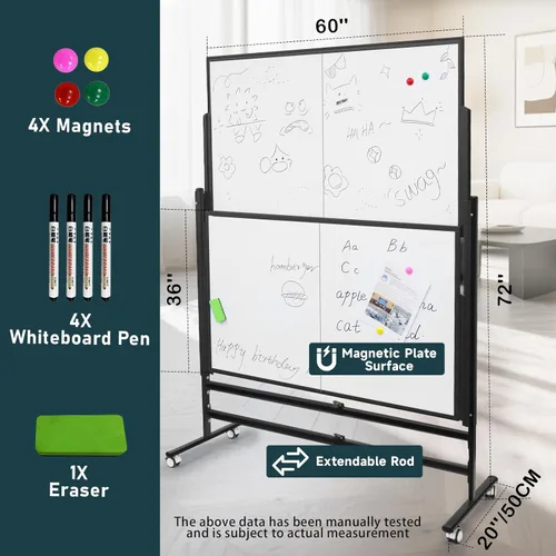 Miniatura 5 de Pizarra blanca grande de borrado en seco de 72 x 60 pulgadas Caballete de pie ajustable en altura con ruedas Tablero magnético de doble cara