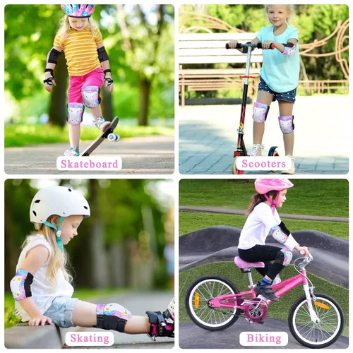 Miniatura 6 de FIODAY Rodilleras para niños pequeños, rodilleras y coderas, muñequeras con bolsa de cordón, juego de equipo de protección ajustable para niñas