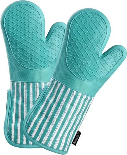 Miniatura 18 de Alselo Guantes de horno de silicona resistentes al calor 932℉ con impermeables y antideslizamiento, juego de 2 guantes de horno extra largos