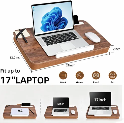 Miniatura 2 de Wooden Lap Desk with Handle, Natural Wood Grain Finish, Portable Laptop Table with pohone Slots