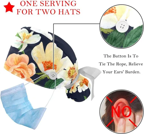 Miniatura 3 de 2 gorras de trabajo con botón para mujer, cabello largo, ajustable, elástico, con lazo en la espalda, gorras bouffant, flores de invierno