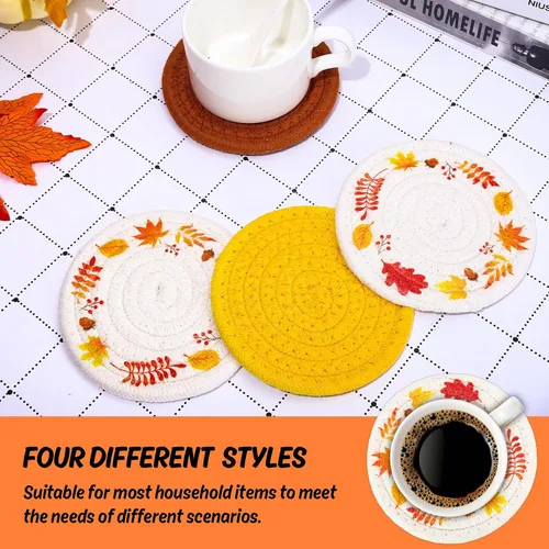 Miniatura 3 de Posavasos de otoño de Acción de Gracias de Whaline Hojas de arce hechas a mano trenzadas de algodón para bebidas, naranja y amarillo