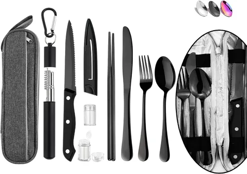 Utensilios portátiles reutilizables de viaje con estuche, juego de cubiertos de viaje para camping, palillos y cubiertos planos con pajita, juego de