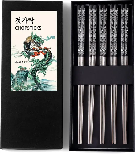 Miniatura 11 de Hagary Palillos de Dragón de Metal Reutilizables Diseñados en Corea Estilo Japonés de Acero Inoxidable 316 18/10 Antideslizantes 2 Pares Aptos