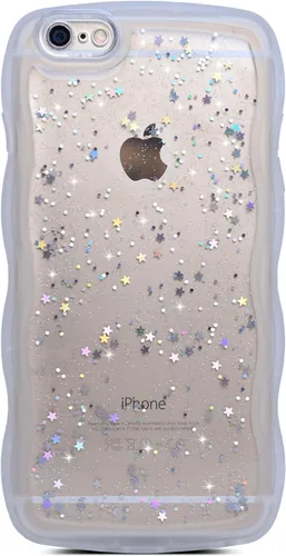 Miniatura 78 de Qokey Funda para iPhone 12 Pro Max de 6.7 pulgadas, diseño de onda rizada, borde transparente, brillante con purpurina, estrella brillante, bonita