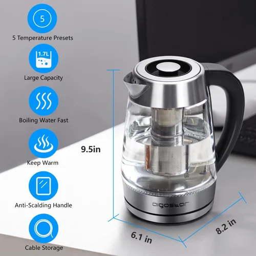 Miniatura 7 de Aigostar Hervidor Eléctrico, Tetera con Control de Temperatura e Infusor de Té, Hervidor de Agua Caliente de 1500W con Temperatura Variable, Función