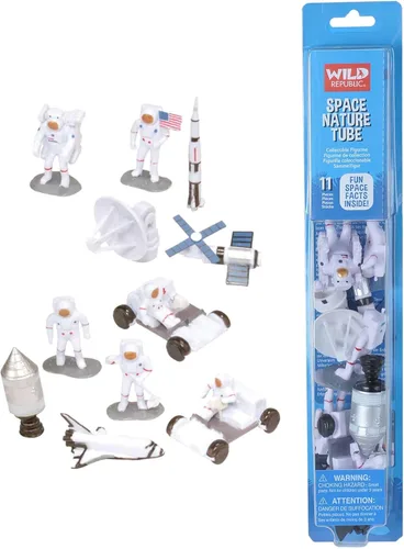 Wild Republic Tubo de figuras, juguetes del espacio exterior, lanzadera, astronauta, estación espacial, nave espacial Apolo, vehículo lunar, cohete