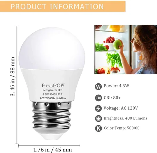Miniatura 5 de Bombilla LED para refrigerador equivalente a 40 W, equivalente a 120 V, 4,5 W, luz blanca diurna 5000 K, base media E26, bombilla de ahorro