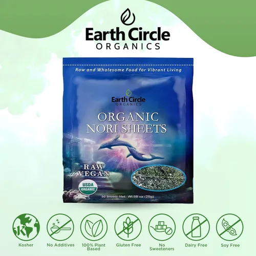 Miniatura 7 de Earth Circle Organics Sábanas de algas nori orgánicas, crudas, sin calentar y sin tostar, certificadas grado A, veganas, paleo y cetogénicas
