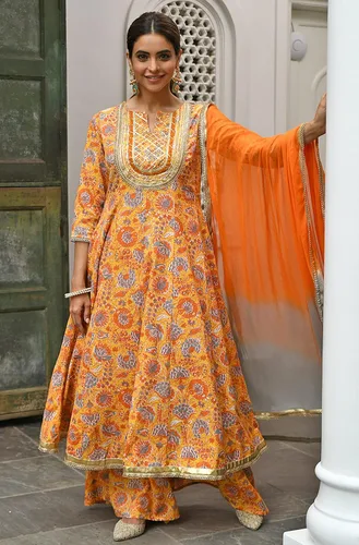Miniatura 3 de Janasya Kurta india de algodón mostaza bordado con palazzo y dupatta