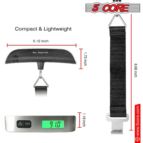 Miniatura 4 de 5 Core LSS-004 - Báscula digital para equipaje, pantalla LCD con retroiluminación y escala de equipaje con capacidad de 110 libras, báscula colgante