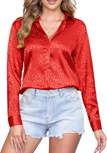 Miniatura 27 de CUNLIN Camisas de satén de seda suave con botones de leopardo para mujer, camisa de trabajo de manga larga de seda, blusas de vestir, tops