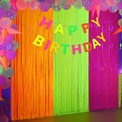 Miniatura 9 de Mega-L - Suministros de fiesta que brillan en la oscuridad, paquete de 3 decoraciones de fiesta de neón de 9.9 x 6.6 pies, cortinas de flecos