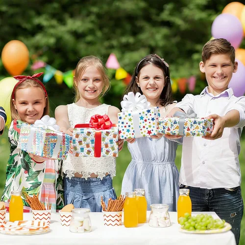 Miniatura 5 de Hojas de papel de regalo de cumpleaños, paquete de 8 envolturas de regalo para regalos de cumpleaños infantiles, 4 diseños coloridos con feliz