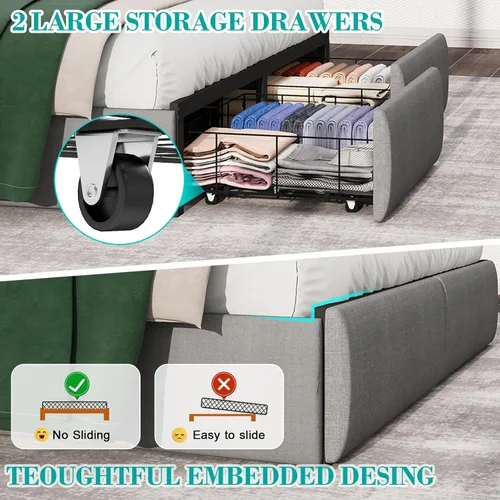Miniatura 8 de Base de cama matrimonial con 2 cajones de almacenamiento, base de cama de plataforma tamaño matrimonial con luz LED, cabecera tapizada, estación