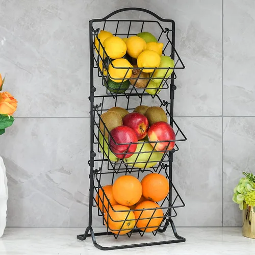 Cesta de frutas de 3 niveles para encimera de cocina o piso, cesta de frutas para verduras y aperitivos, soporte de almacenamiento de metal
