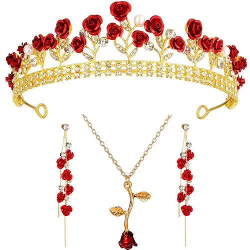 Sureio Tiaras de rosas rojas para novia, coronas de reina, collares largos personalizados, aretes colgantes de flores de rosa, joyería de flores