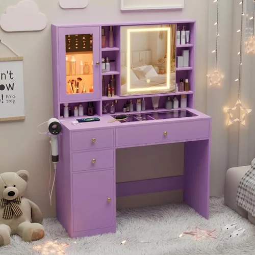 Miniatura 17 de Wodeer Pequeño escritorio de maquillaje con espejo y luces, tocador con armario de cristal, luces LED y toma de corriente, cajón y gabinetes