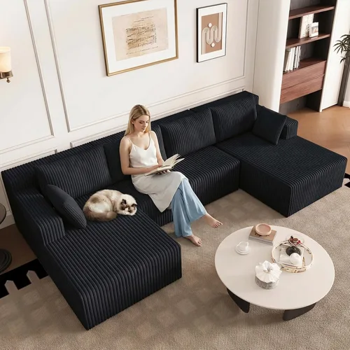 Miniatura 31 de Sofá modular Cloud de 95 pulgadas con otomana, moderno sofá nube en forma de U con asiento profundo, cómodo sofá de pana de 3 plazas, sofá de espuma